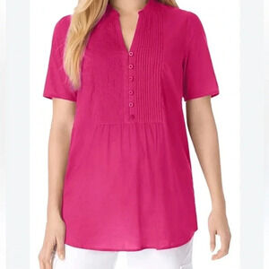 Woman Within Women's 2X (26/28) Pin Tuck Hot Pink Top Cotton Colorful Altered‎